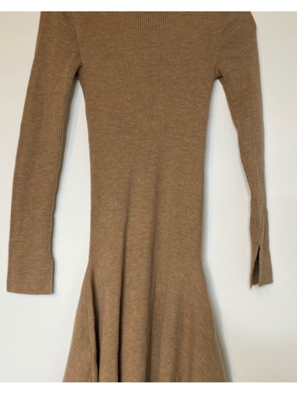 BCBGMaxAzria Ribbed Long Sleeve Fit-and-Flare Dress in Camel